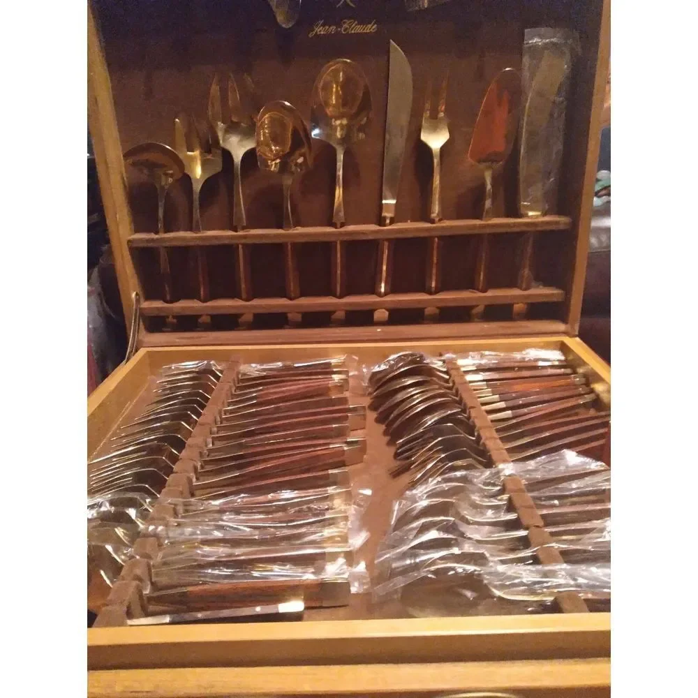 Jean Claude Flatware Set Service for 12‎ Wood Handles 74 Pieces Mid Century